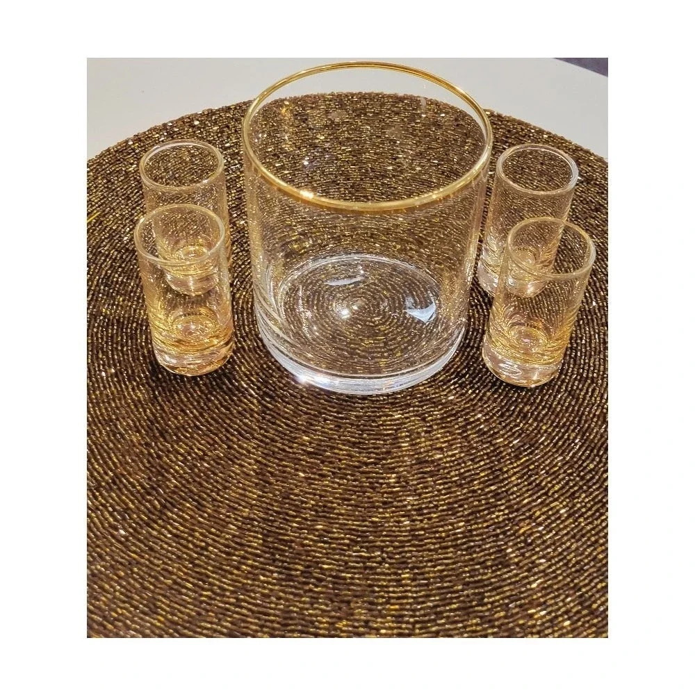 Vintage MCM Shot Glass Set w/ Holder Barware Gold Tone‎ Rim Retro